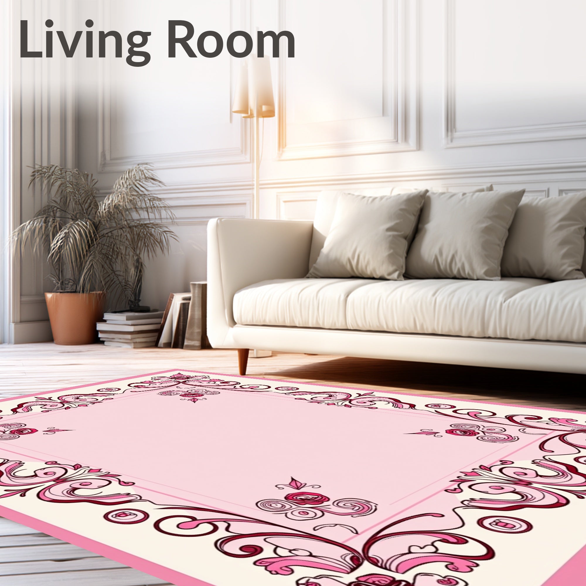 Pink Floral Scroll Border Design Rug