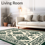Ornate Dark Green Damask Pattern Rug