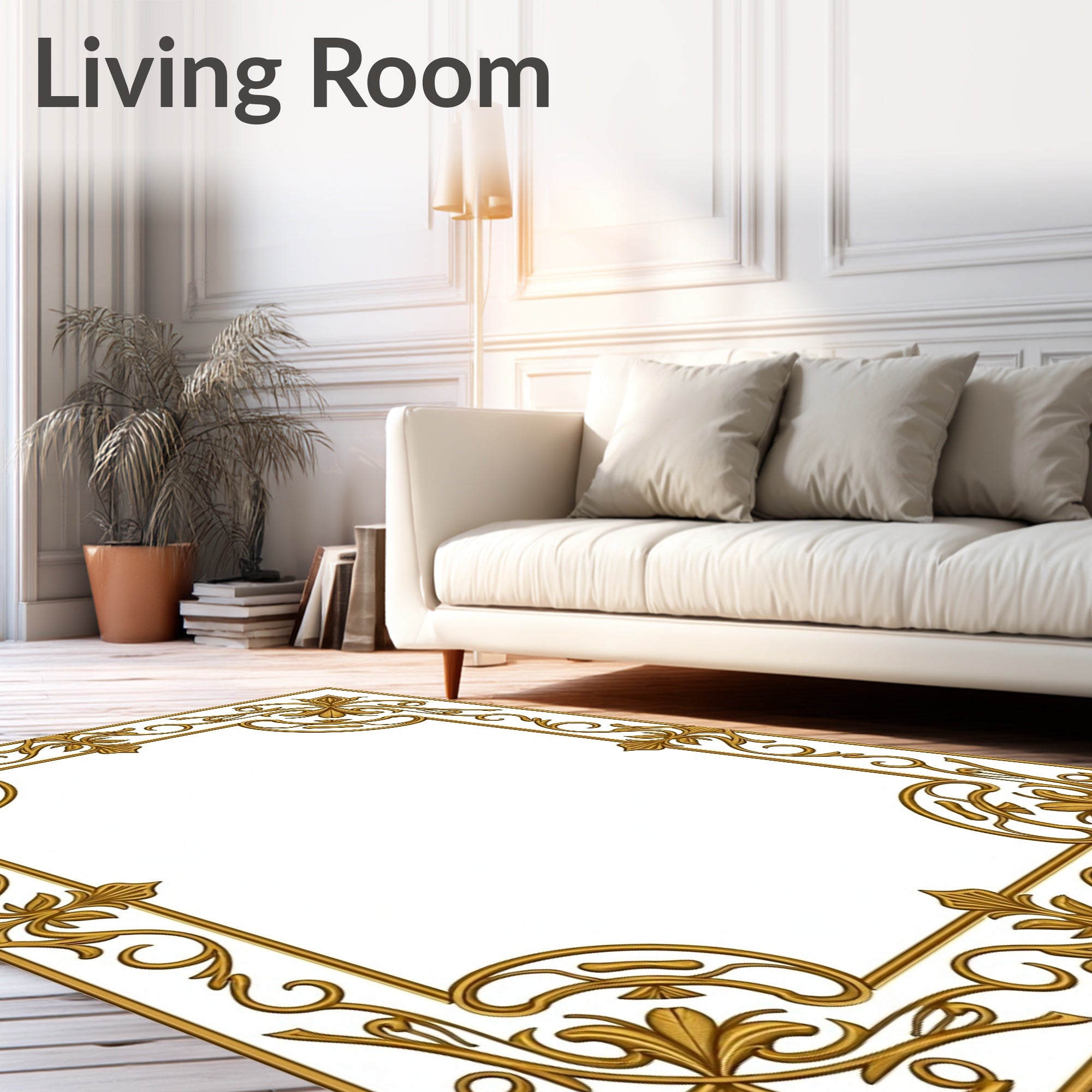 Ornate Gold Leaf Scroll Pattern Rug