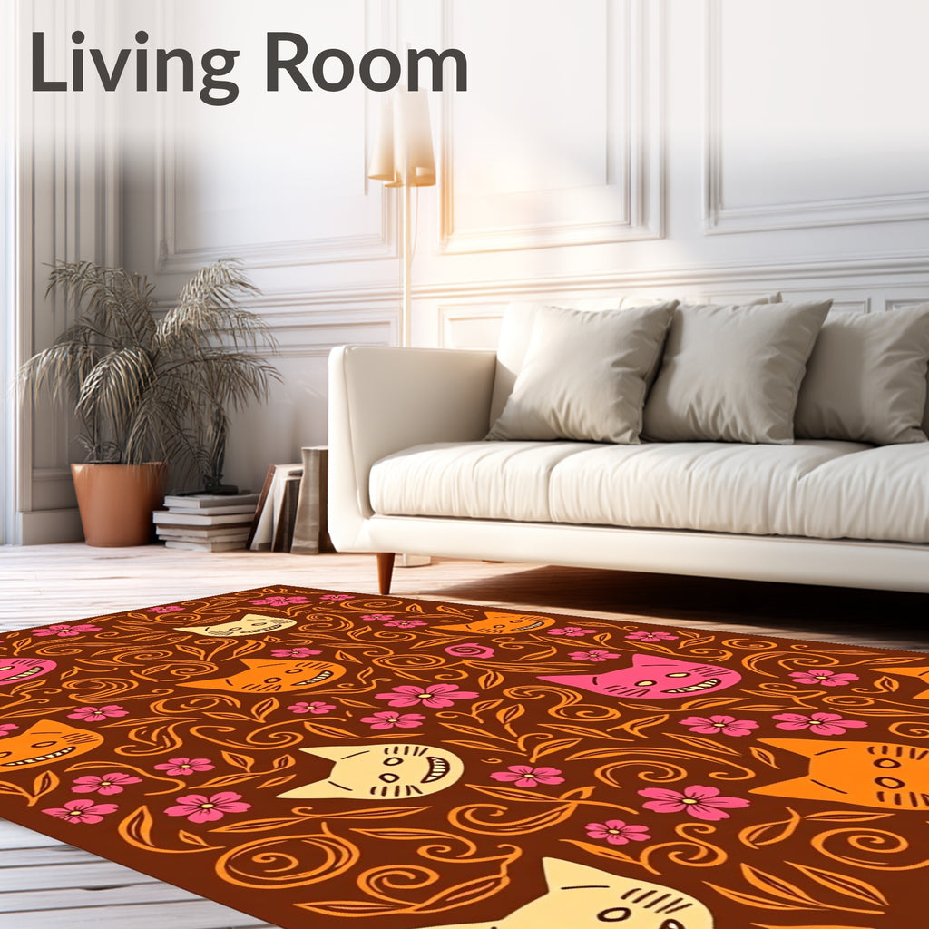 Whimsical Cats And Floral Swirls Design Rug