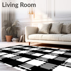 Bold Black White Stripe Square Pattern Rug