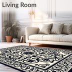 Ornate Black Cream Floral Swirl Rug