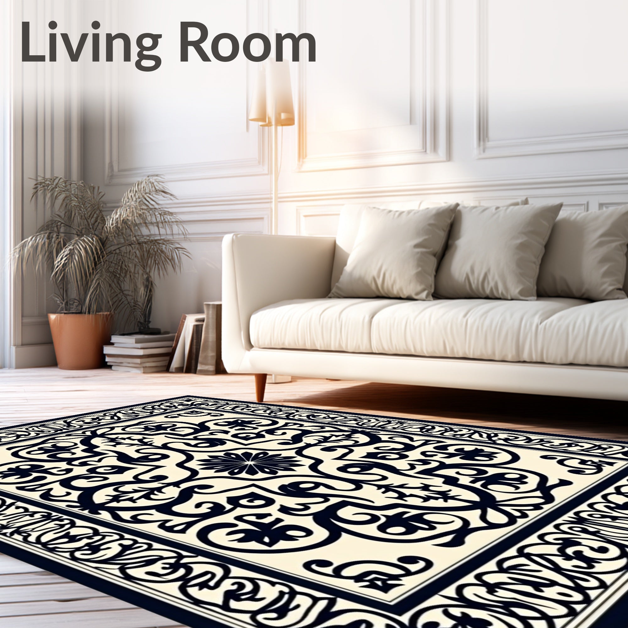 Ornate Black Cream Floral Swirl Rug