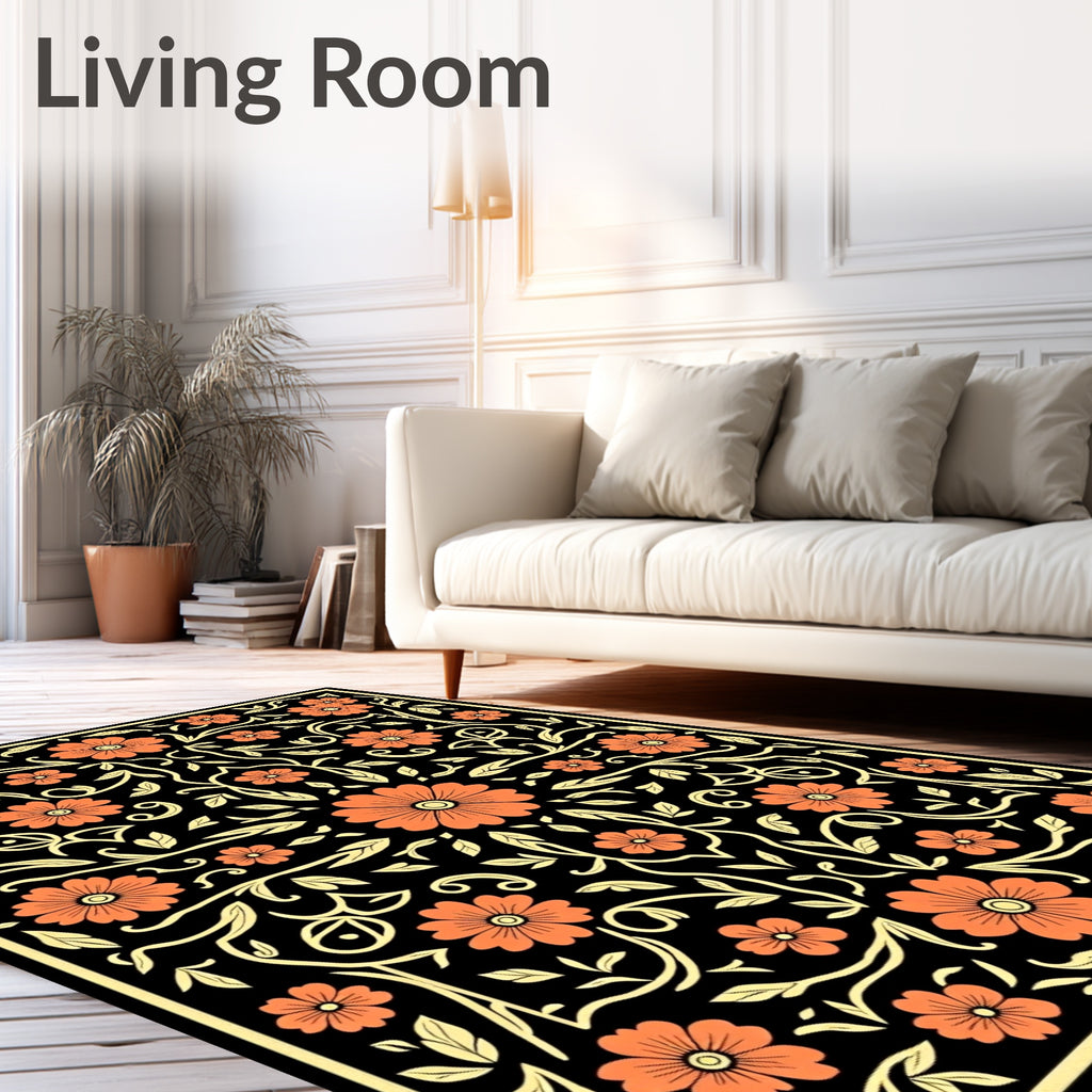 Coral Orange Floral Black Garden Rug