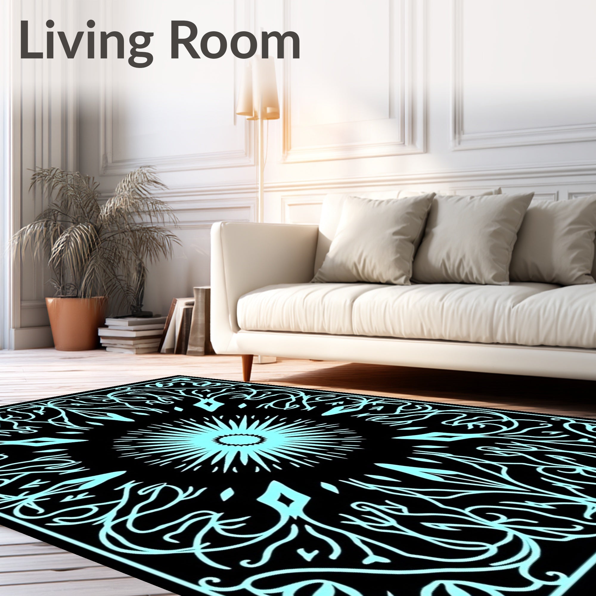 Cyan Abstract Symmetric Floral Pattern Rug