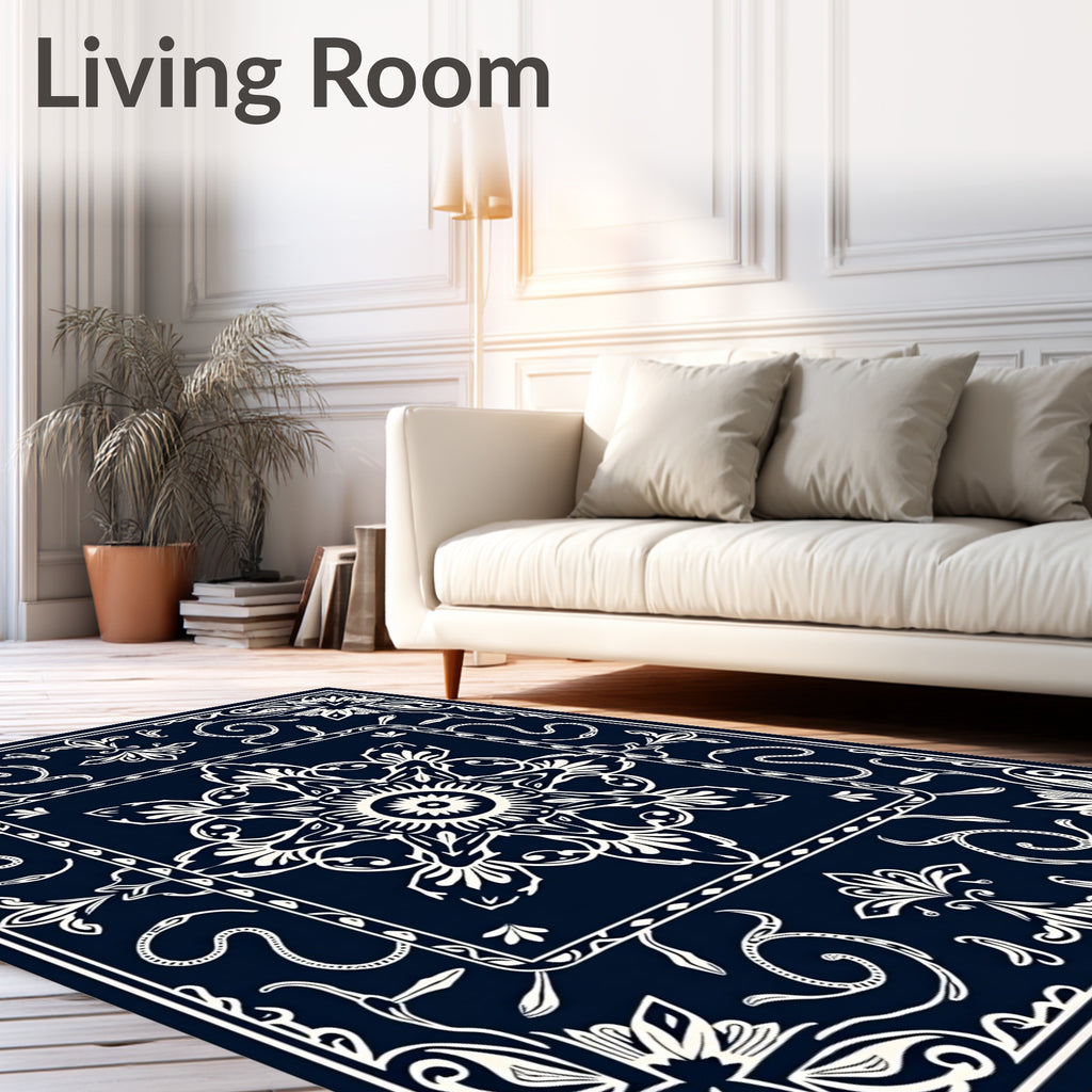 Dark Blue White Floral Mandala Textile Rug