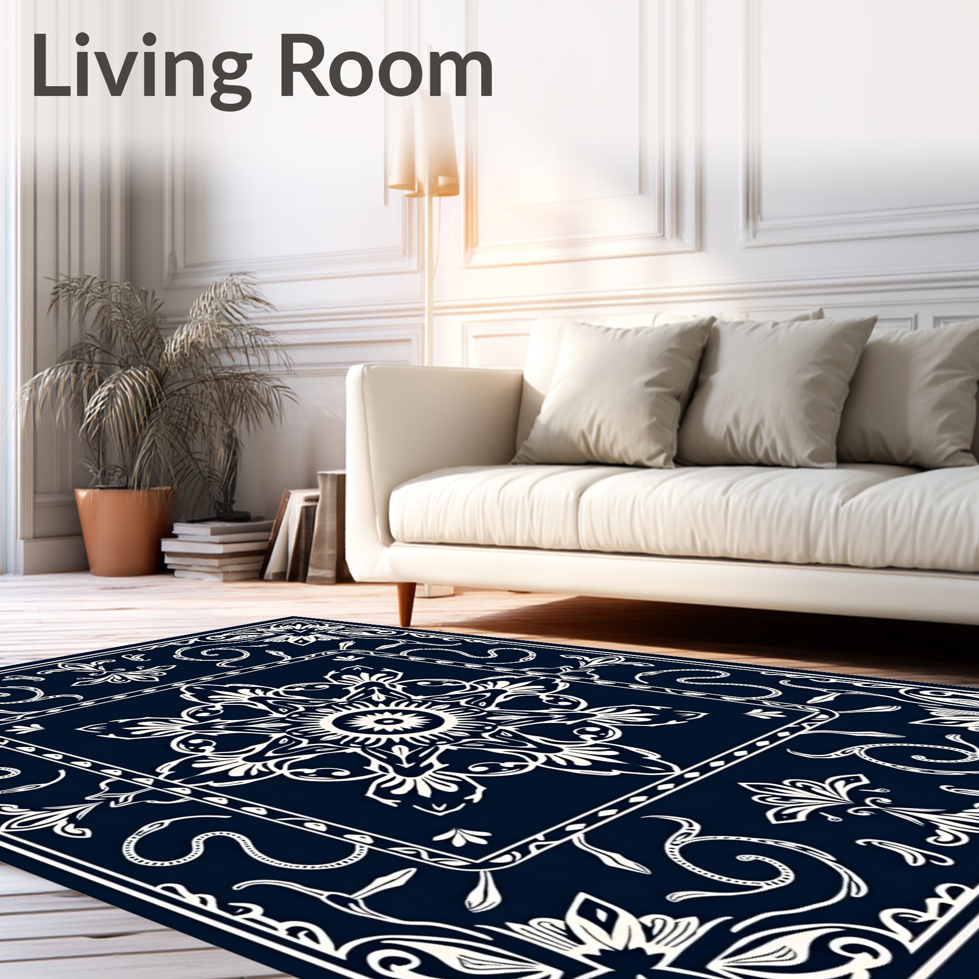 Dark Blue White Floral Mandala Textile Rug