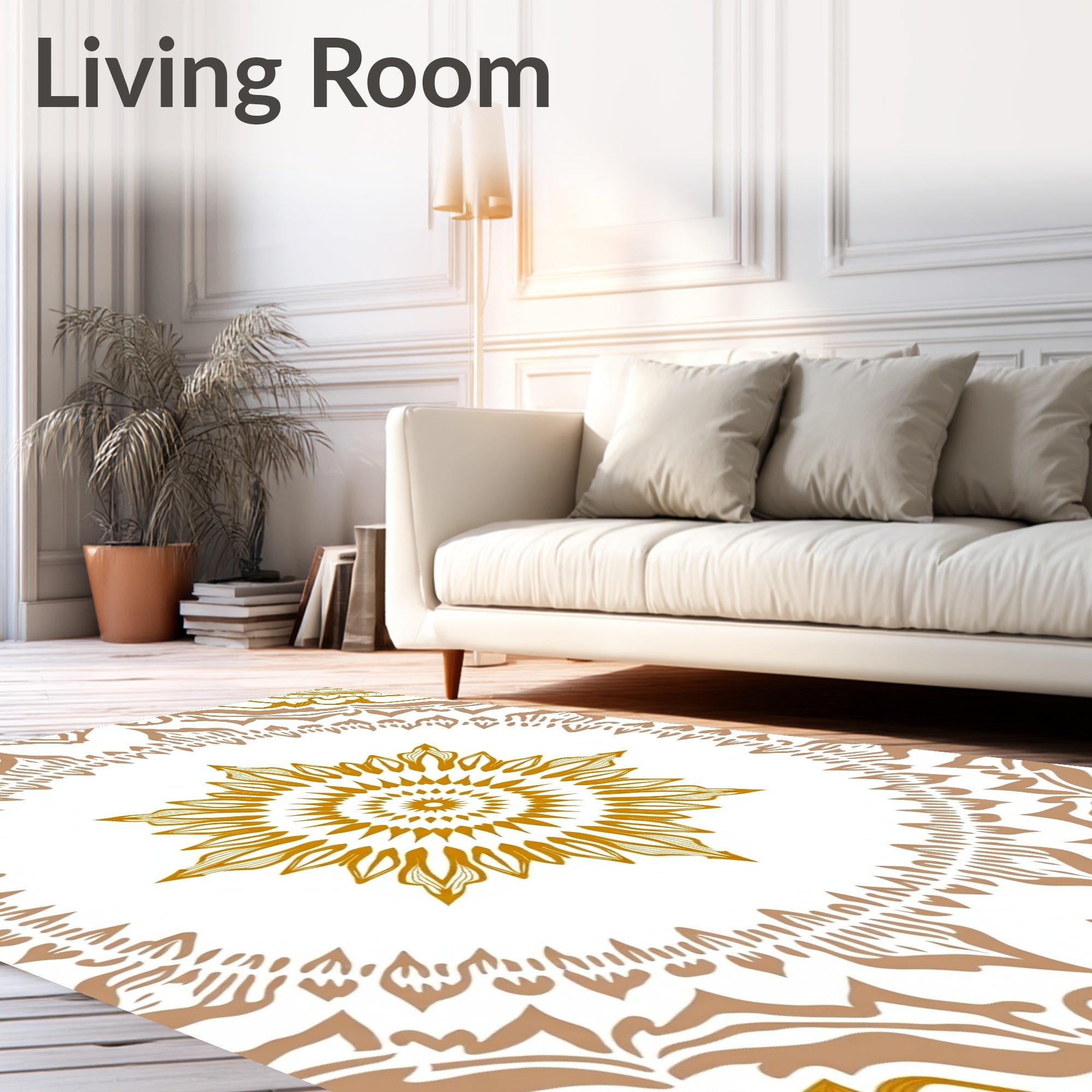 Golden Tan Floral Mandala Pattern Rug