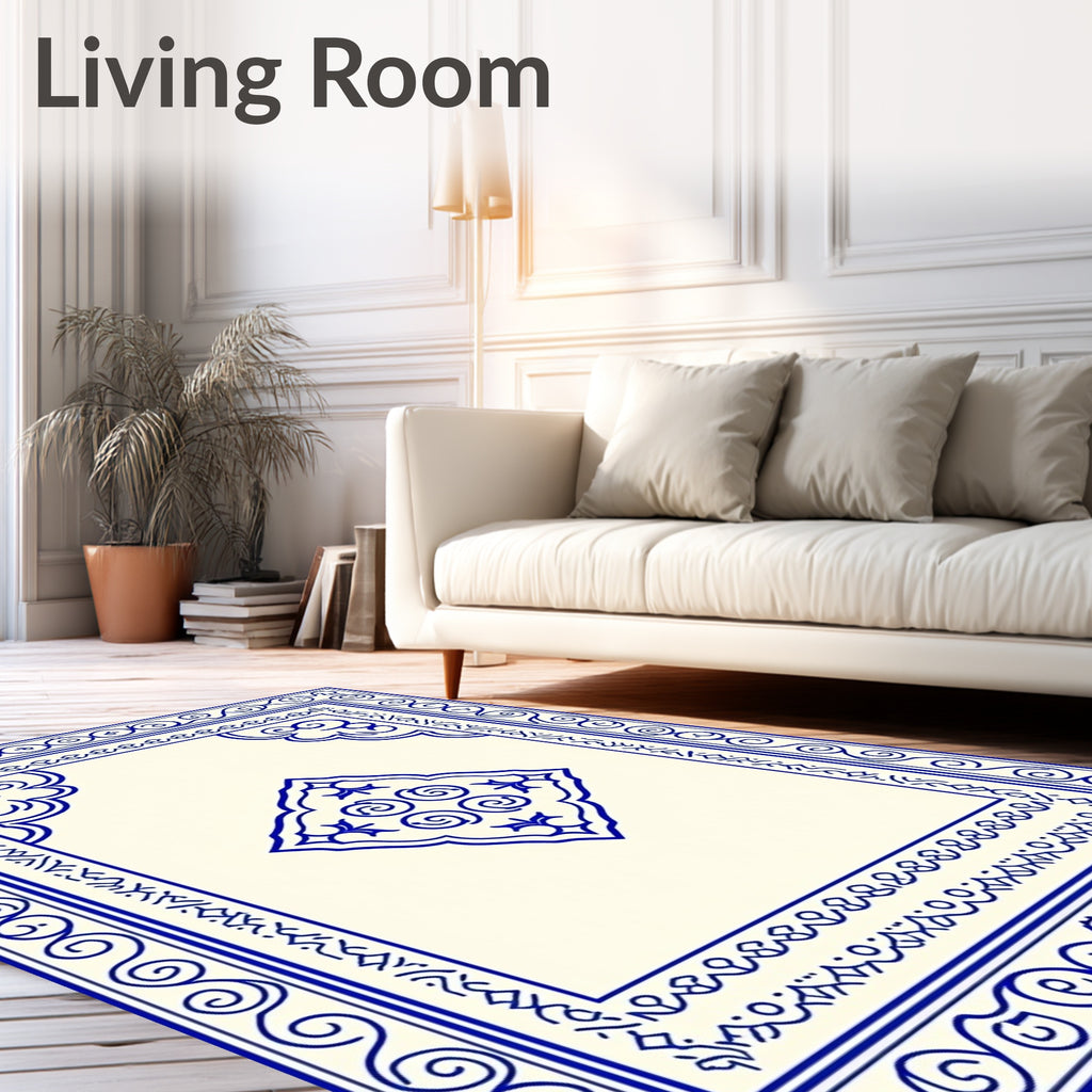 Ornate Blue Cream Medallion Border Rug
