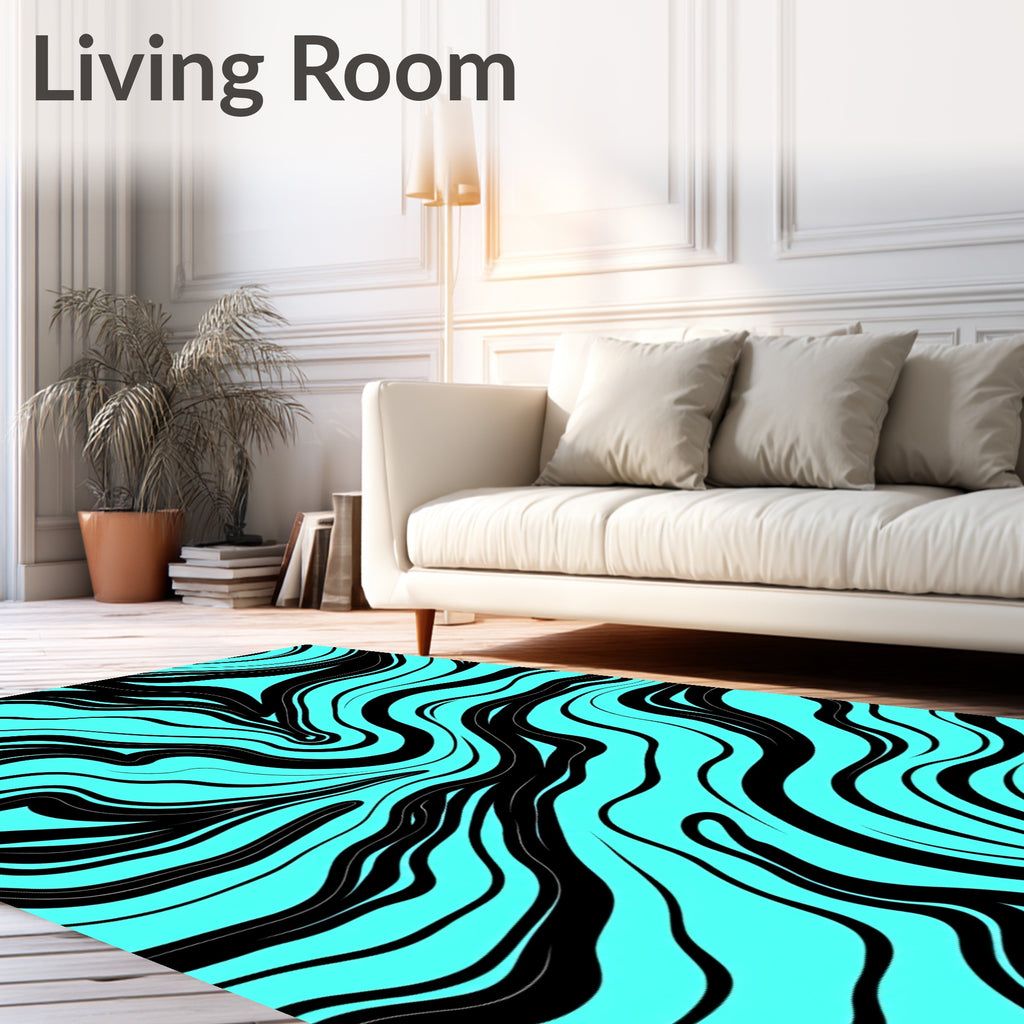 Black Aqua Wavy Abstract Pattern Rug