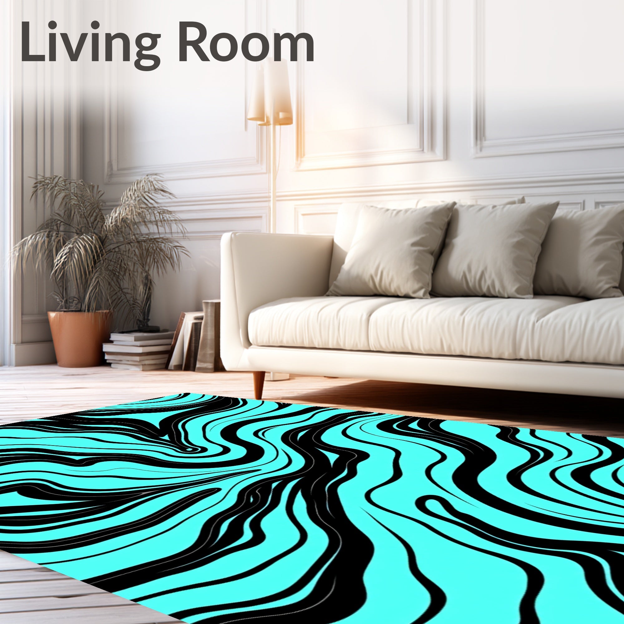 Black Aqua Wavy Abstract Pattern Rug