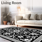 Black White Damask Floral Scroll Pattern Rug