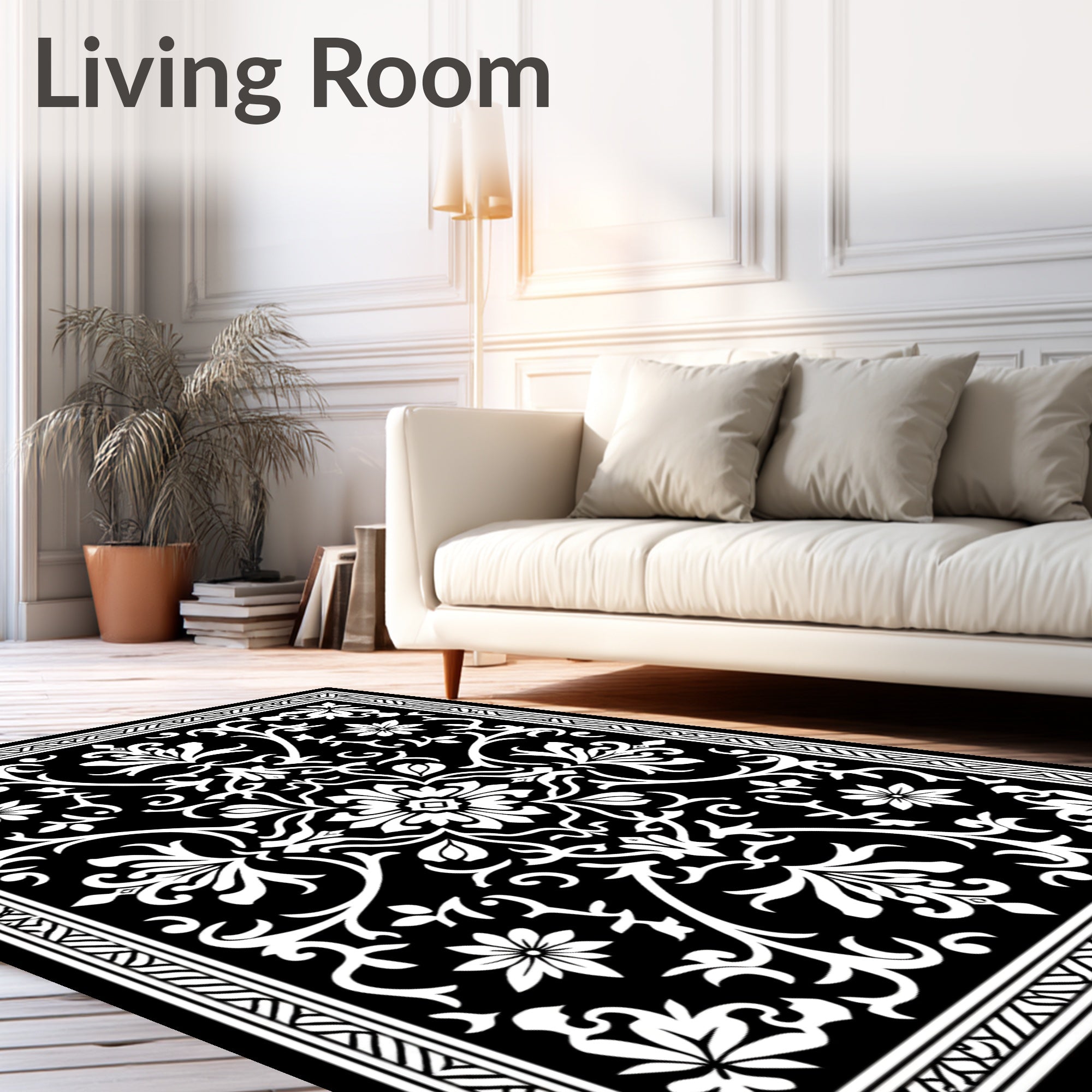 Black White Damask Floral Scroll Pattern Rug