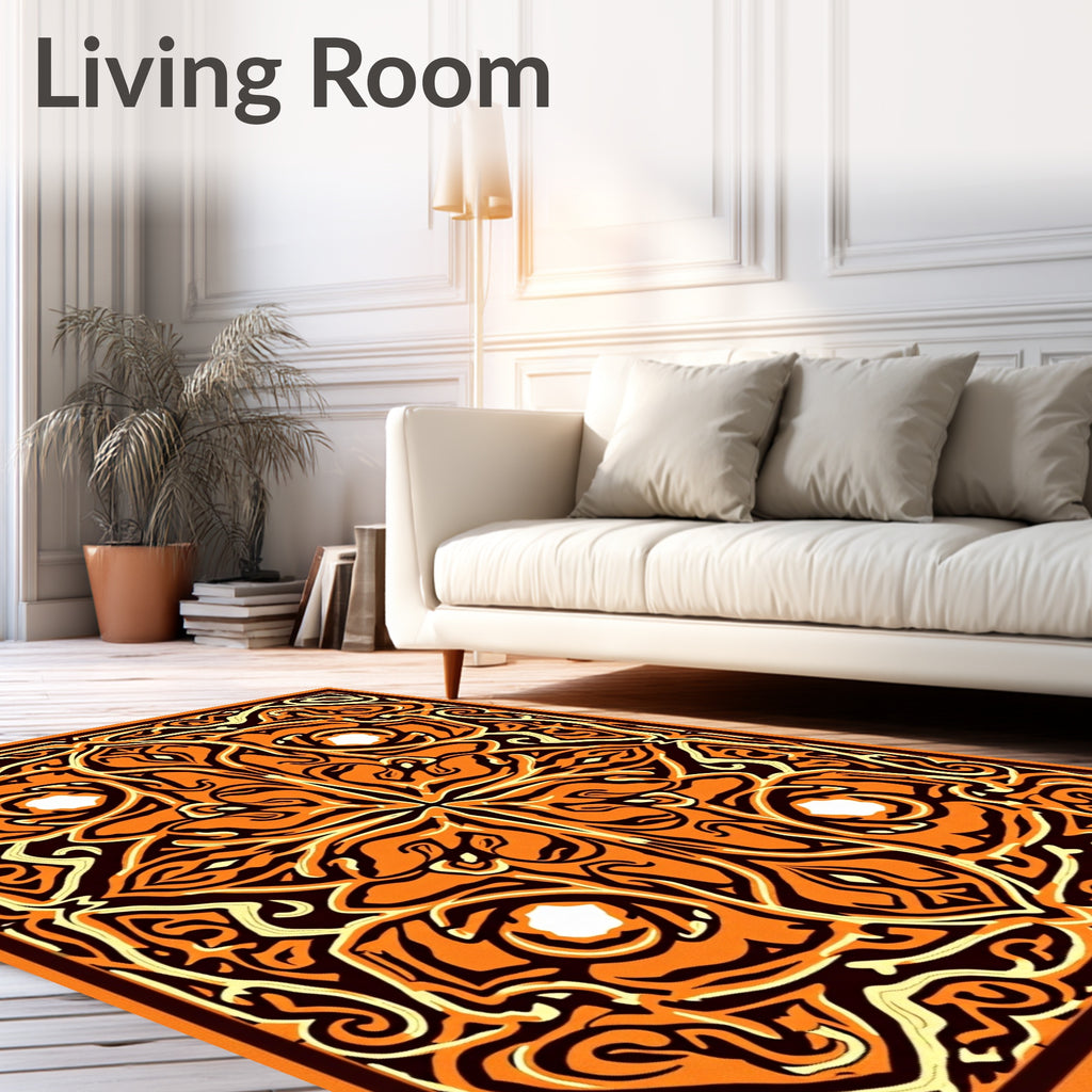 Ornate Orange Cream Black Pattern Rug