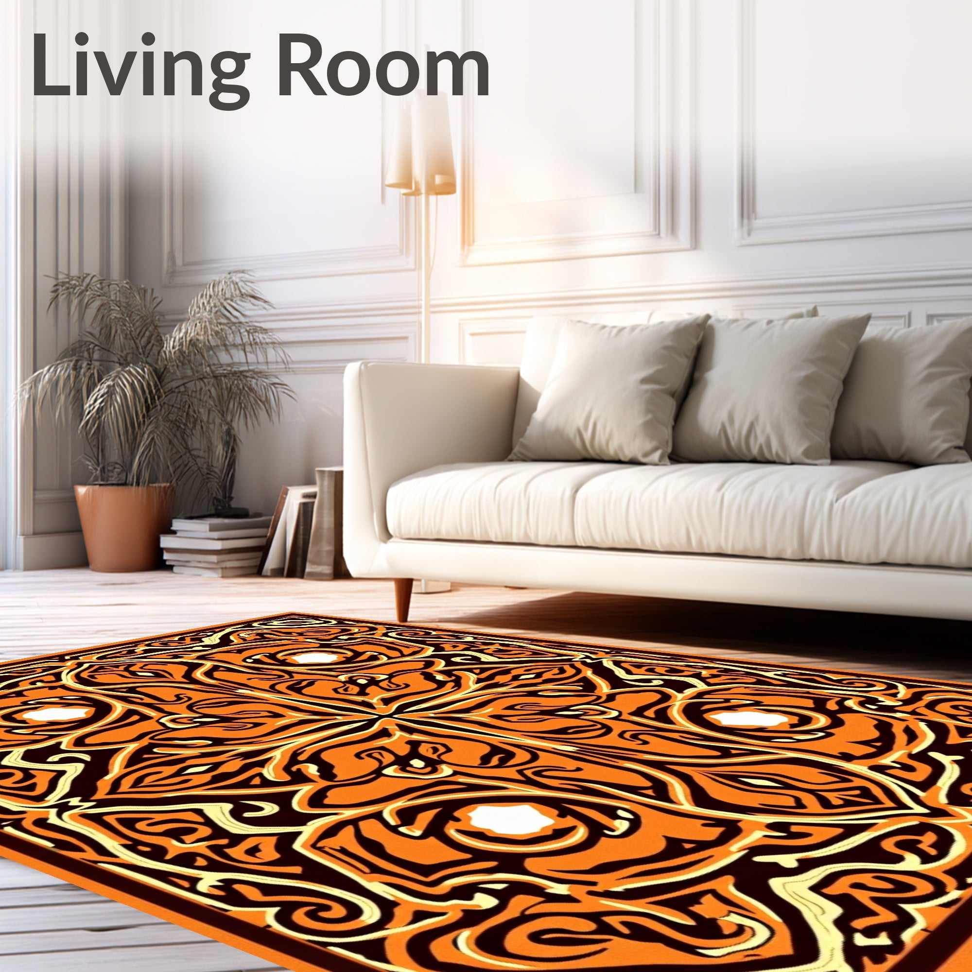 Ornate Orange Cream Black Pattern Rug