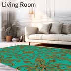 Turquoise Orange Floral Scroll Medallion Rug