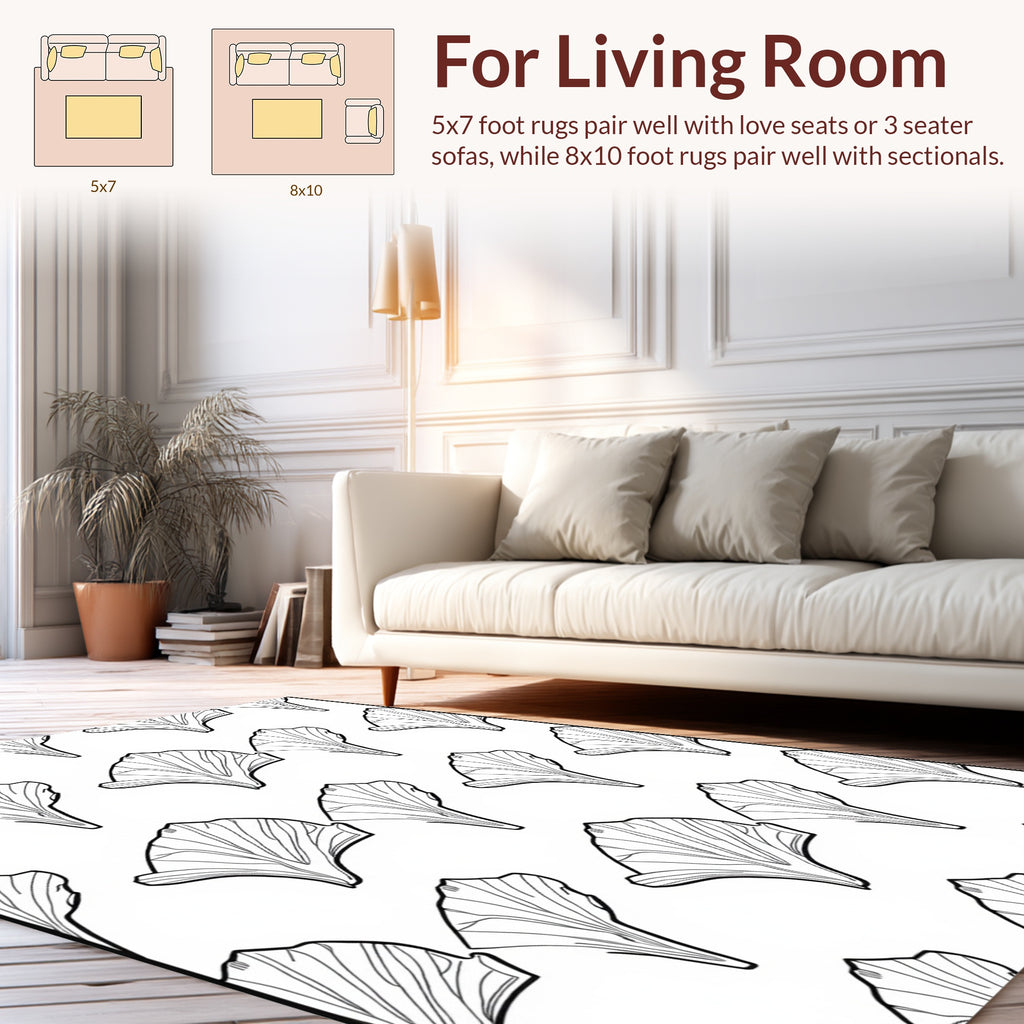 Organic Leaf Pattern Black White Rug