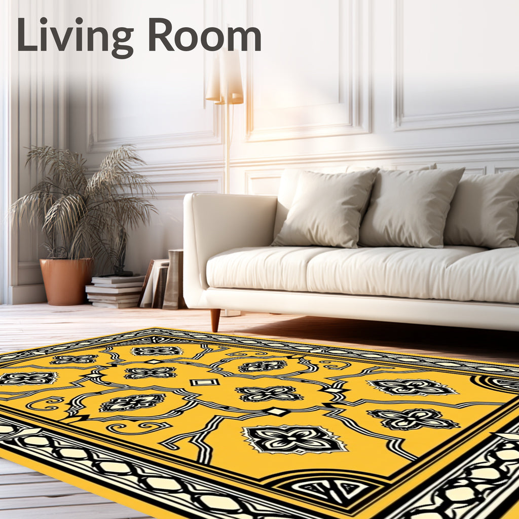 Golden Yellow Ornate Floral Scroll Rug