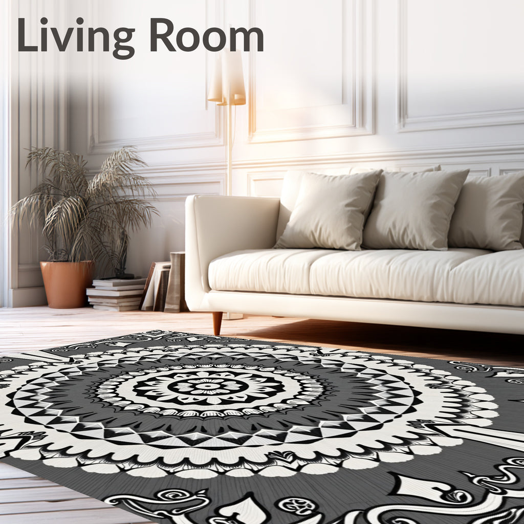 Monochromatic Intricate Radial Floral Design Rug