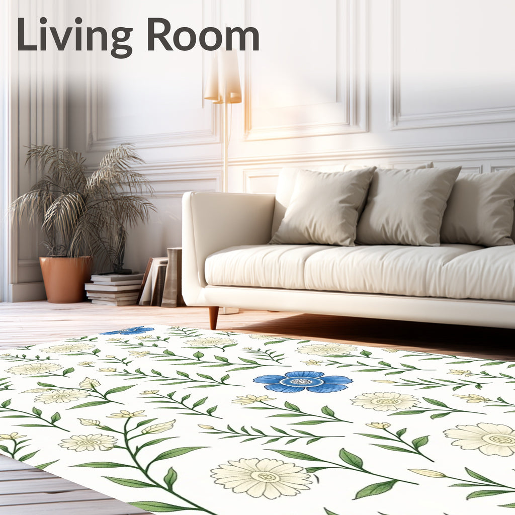 Delicate Blue Cream Floral Sprig Pattern Rug