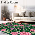Pink Roses Greenery Floral Pattern Rug