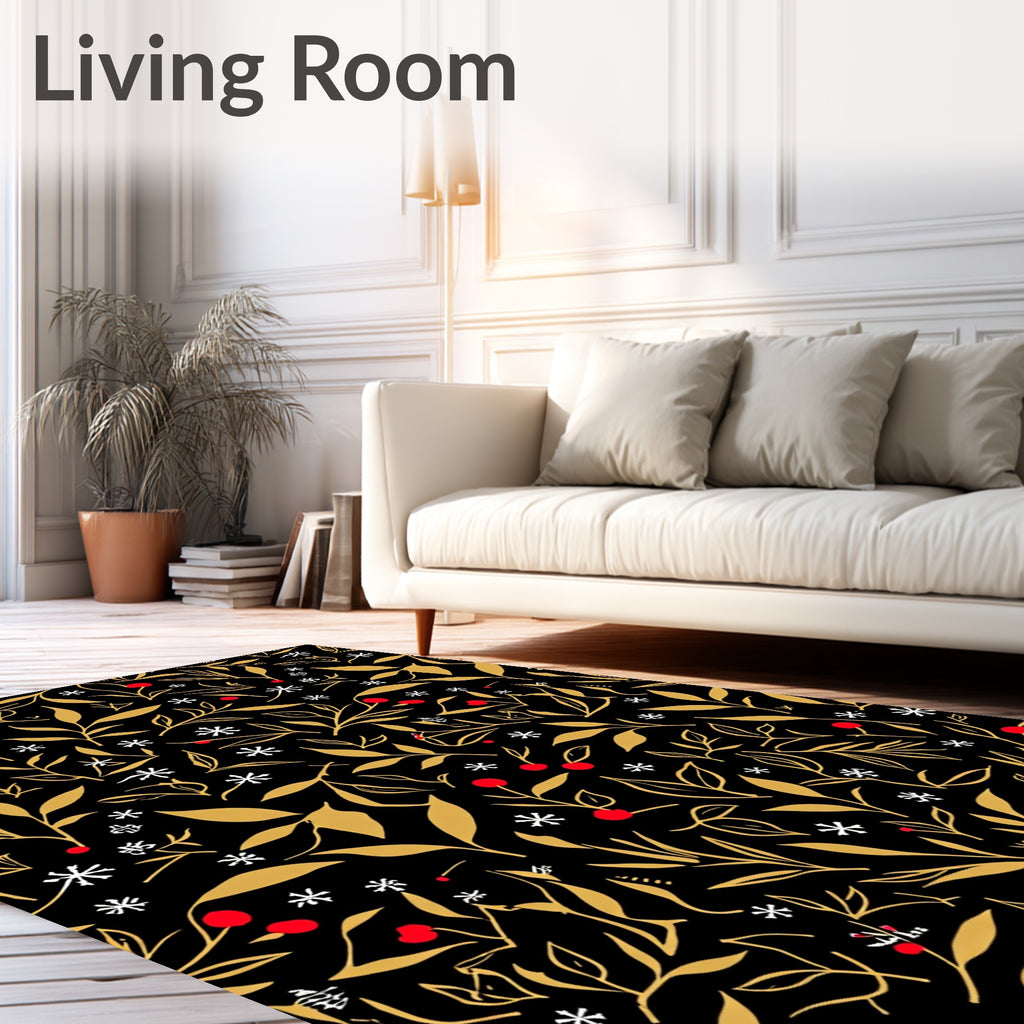 Golden Branches Red Berries Snowflakes Rug