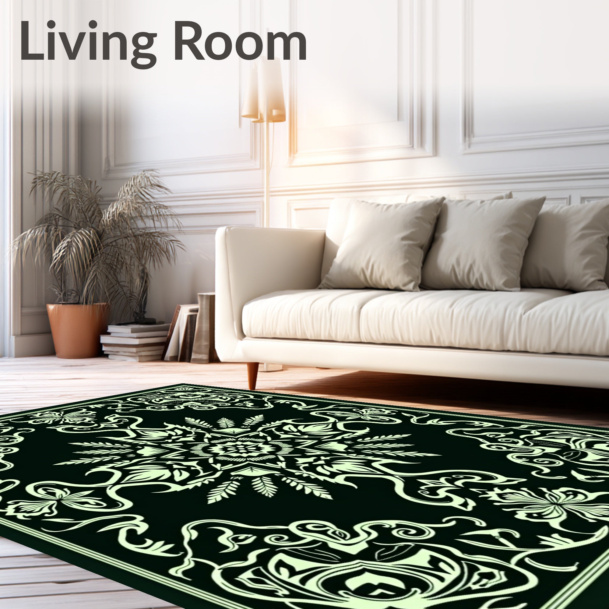 Antique Black Floral Scroll Medallion Rug