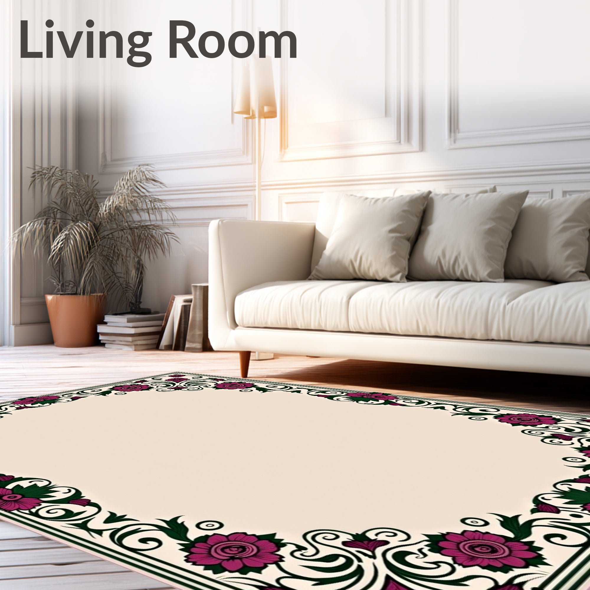 Ornate Floral Swirls Border Rug