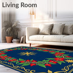 Ornate Floral Border Dark Blue Rug