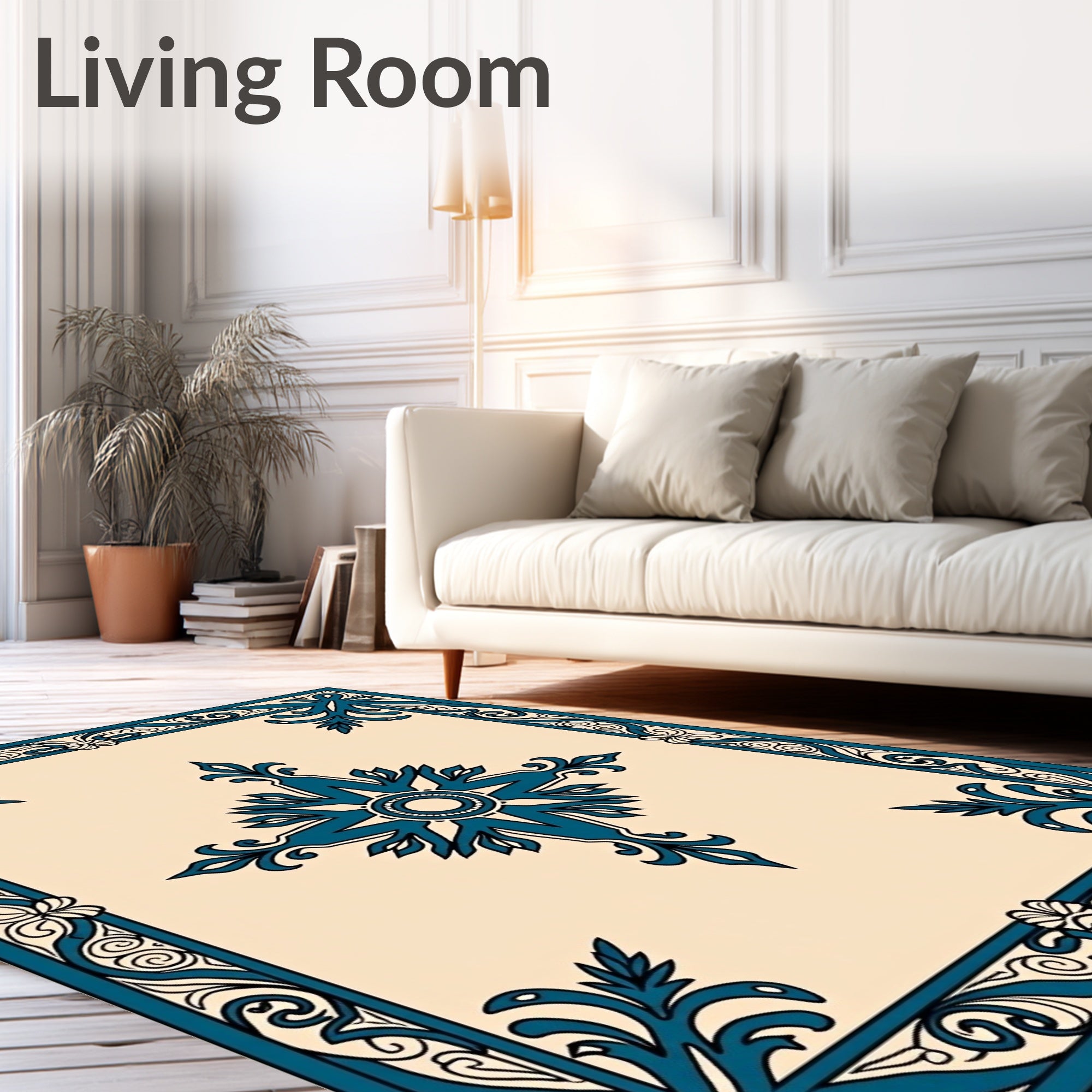 Teal Beige Ornate Scroll Medallion Rug