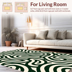 Curved Dark Green Cream Pattern Rug