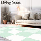 Pale Green White Checkered Grid Rug