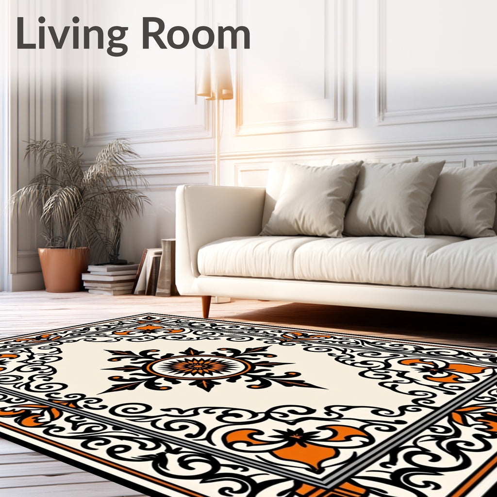 Ornate Black Orange Floral Scroll Rug