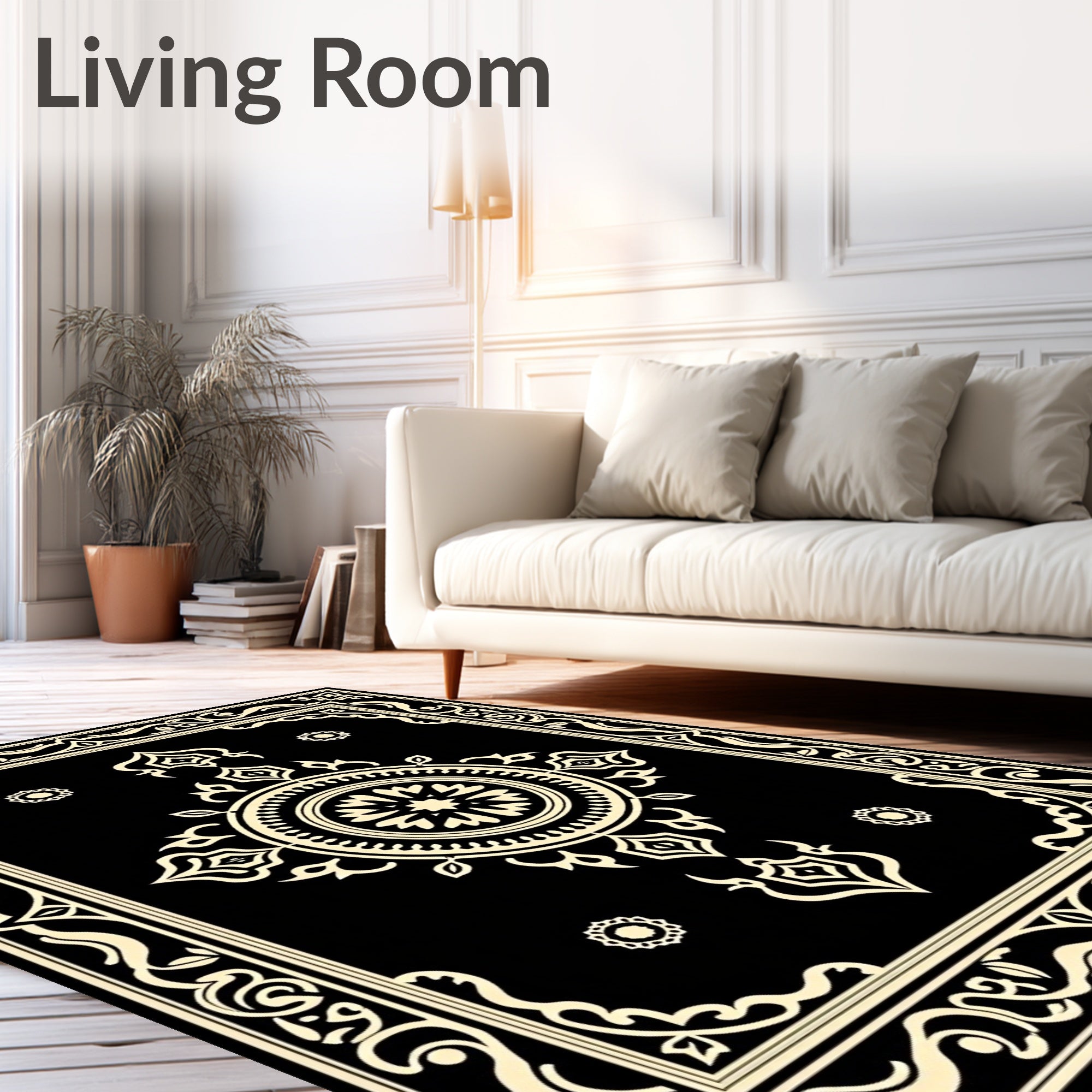 Bold Black Cream Medallion Design Rug