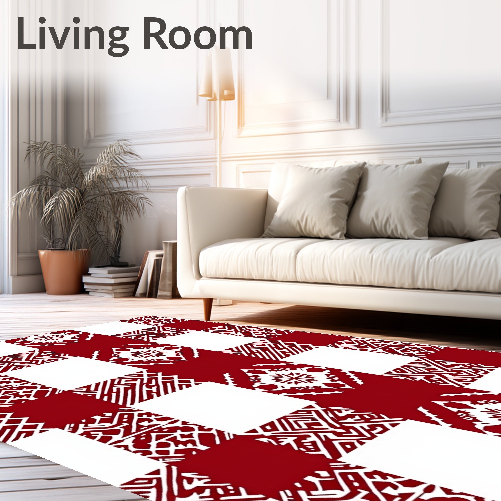 Red White Geometric Motif Squares Rug