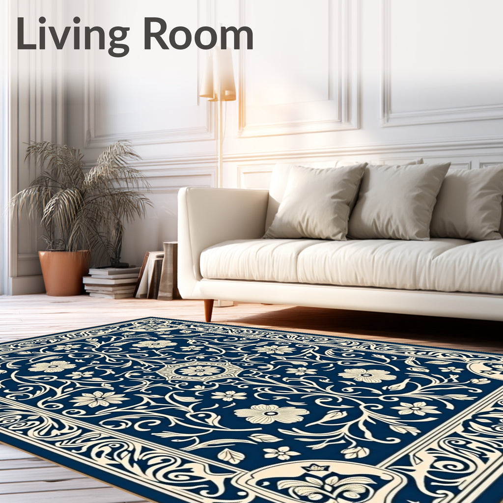 Intricate Floral Blue Cream Vintage Pattern Rug
