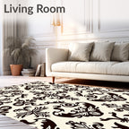 Ornate Black Damask Floral Ivory Rug