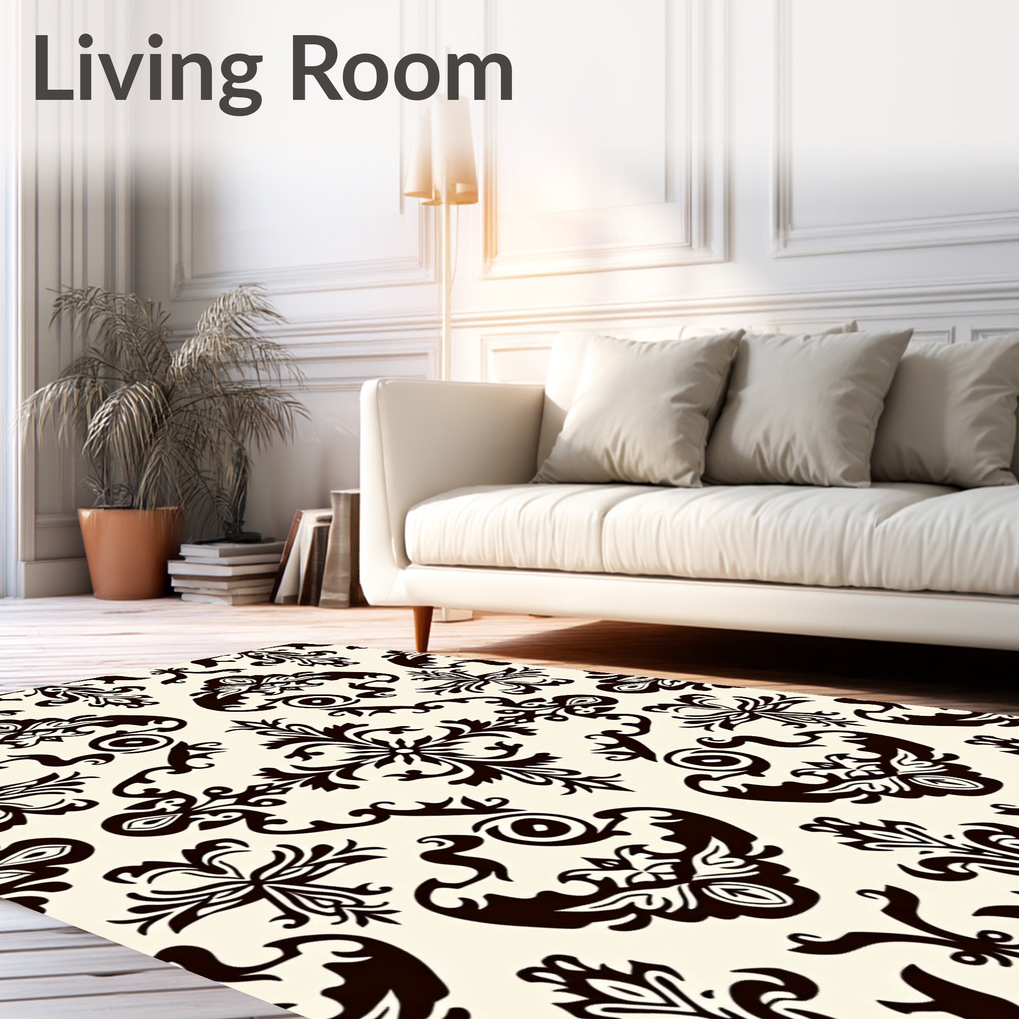 Ornate Black Damask Floral Ivory Rug