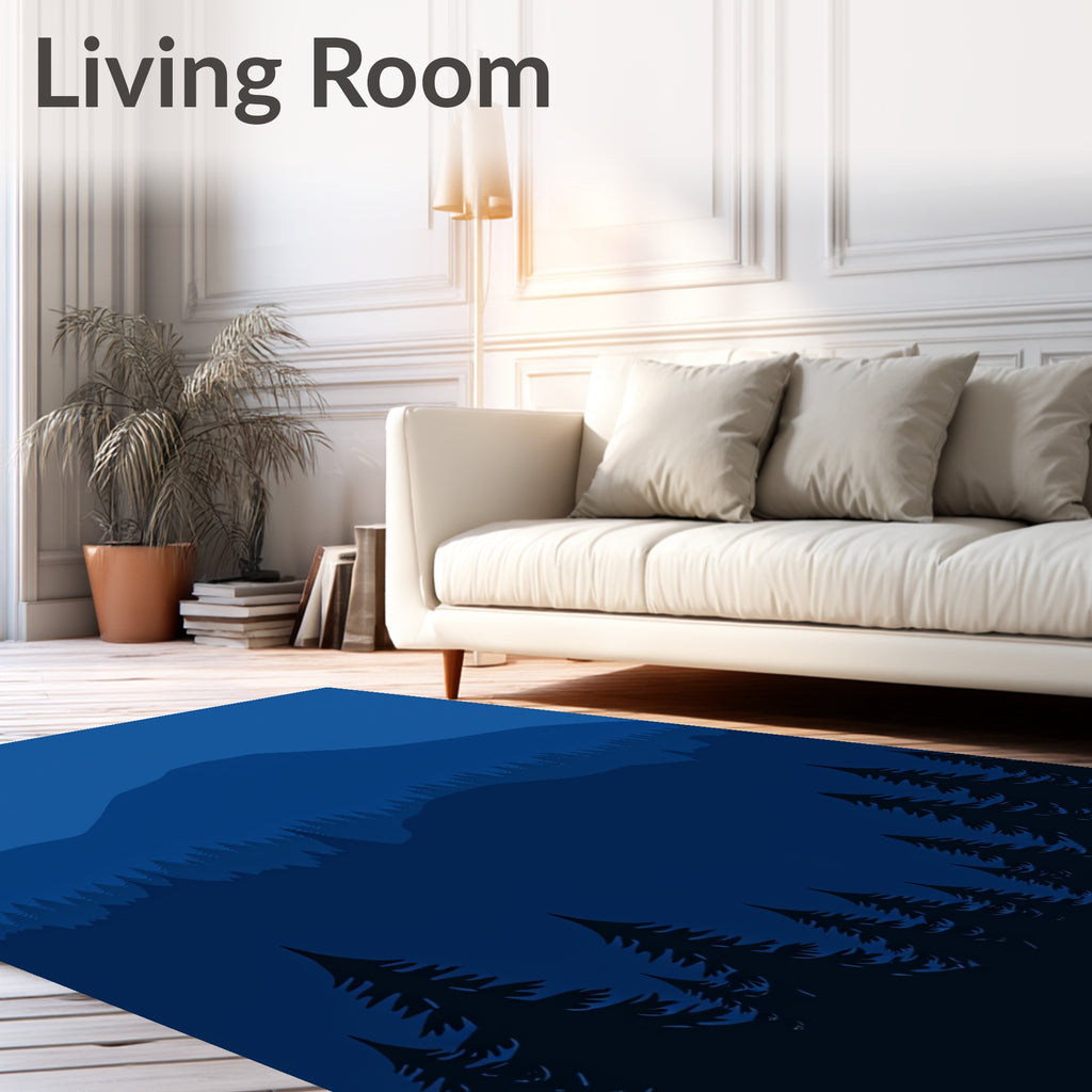 Deep Blue Mountain Forest Scene Rug