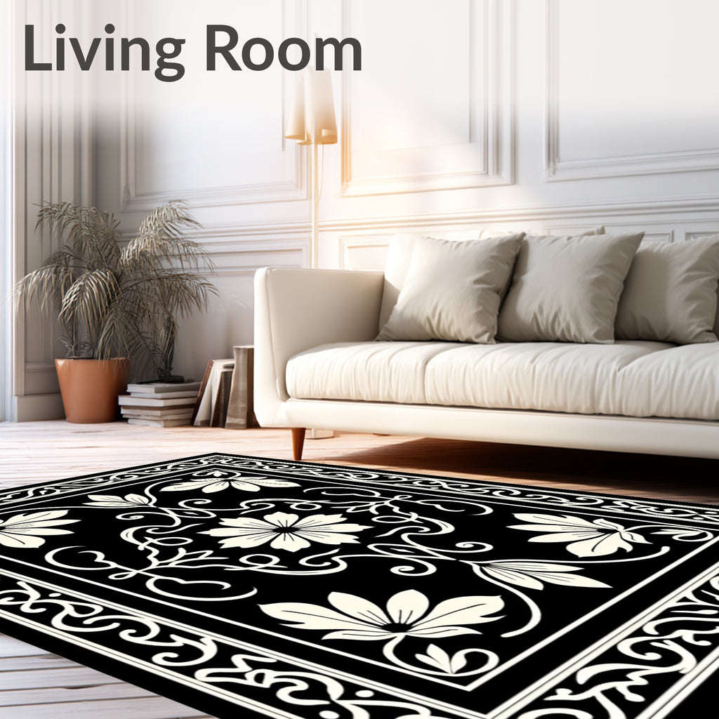 Classic Floral Scrollwork Black Cream Rug