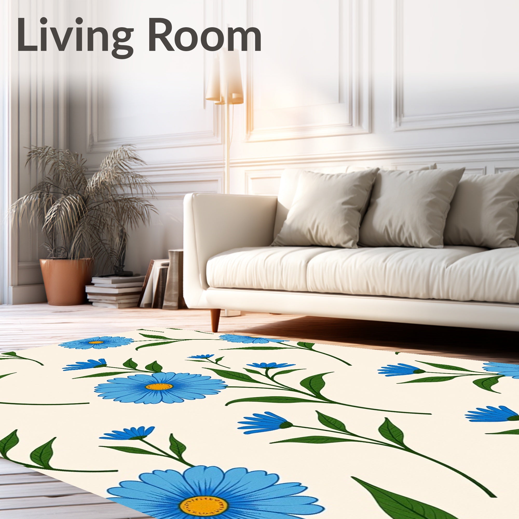 Blue Daisies Botanical Pattern Rug