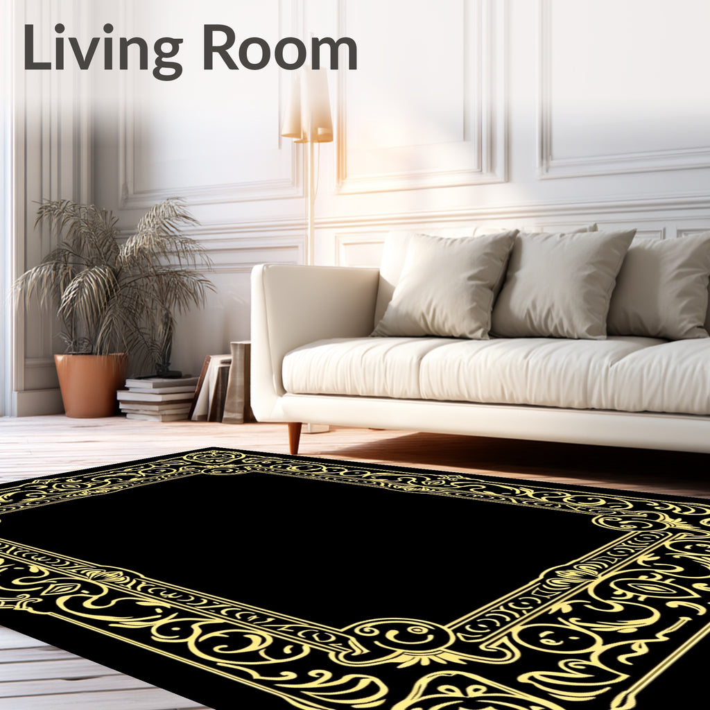 Elegant Gold Floral Scroll Frame Rug