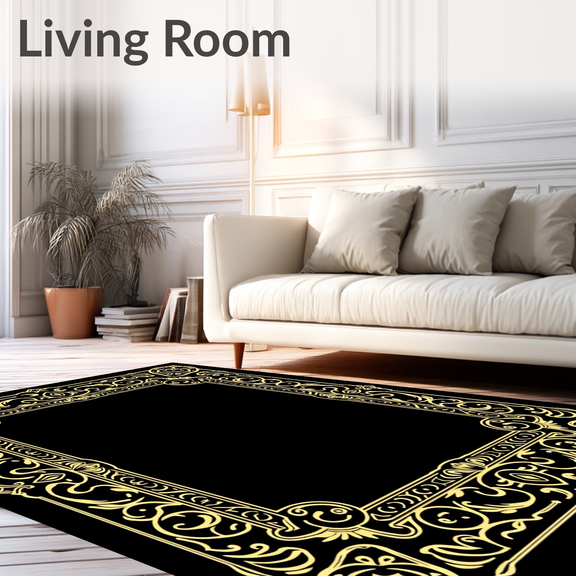 Elegant Gold Floral Scroll Frame Rug