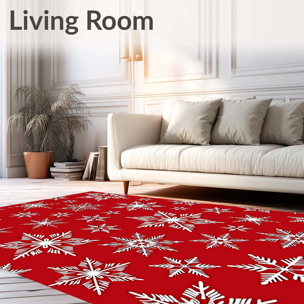 White Snowflake Patterned Red Rug