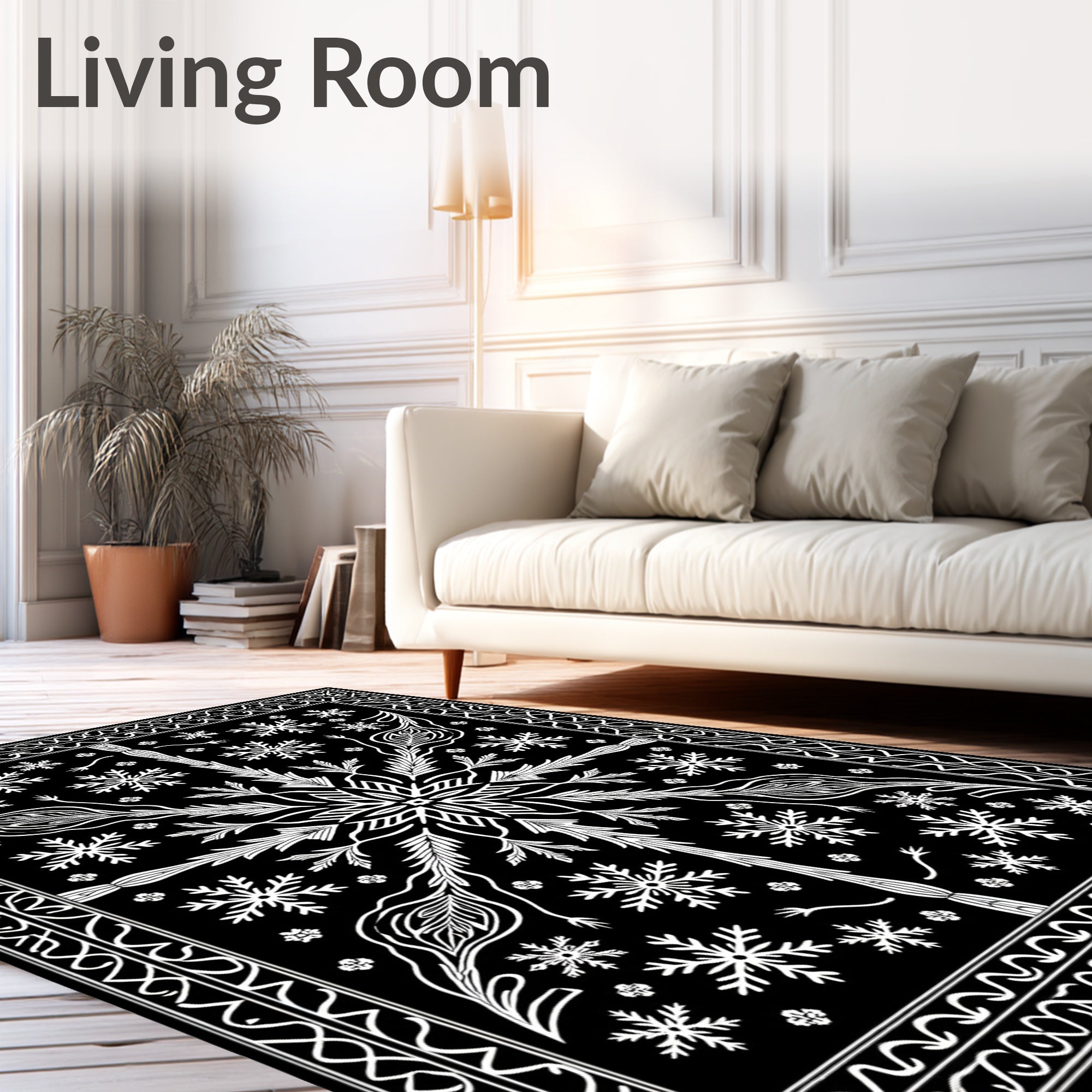 Black and White Snowflake Floral Mandala Rug