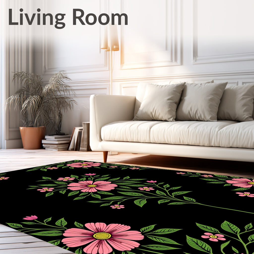 Pink Floral Vines On Black Design Rug