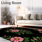 Pink Floral Vines On Black Design Rug