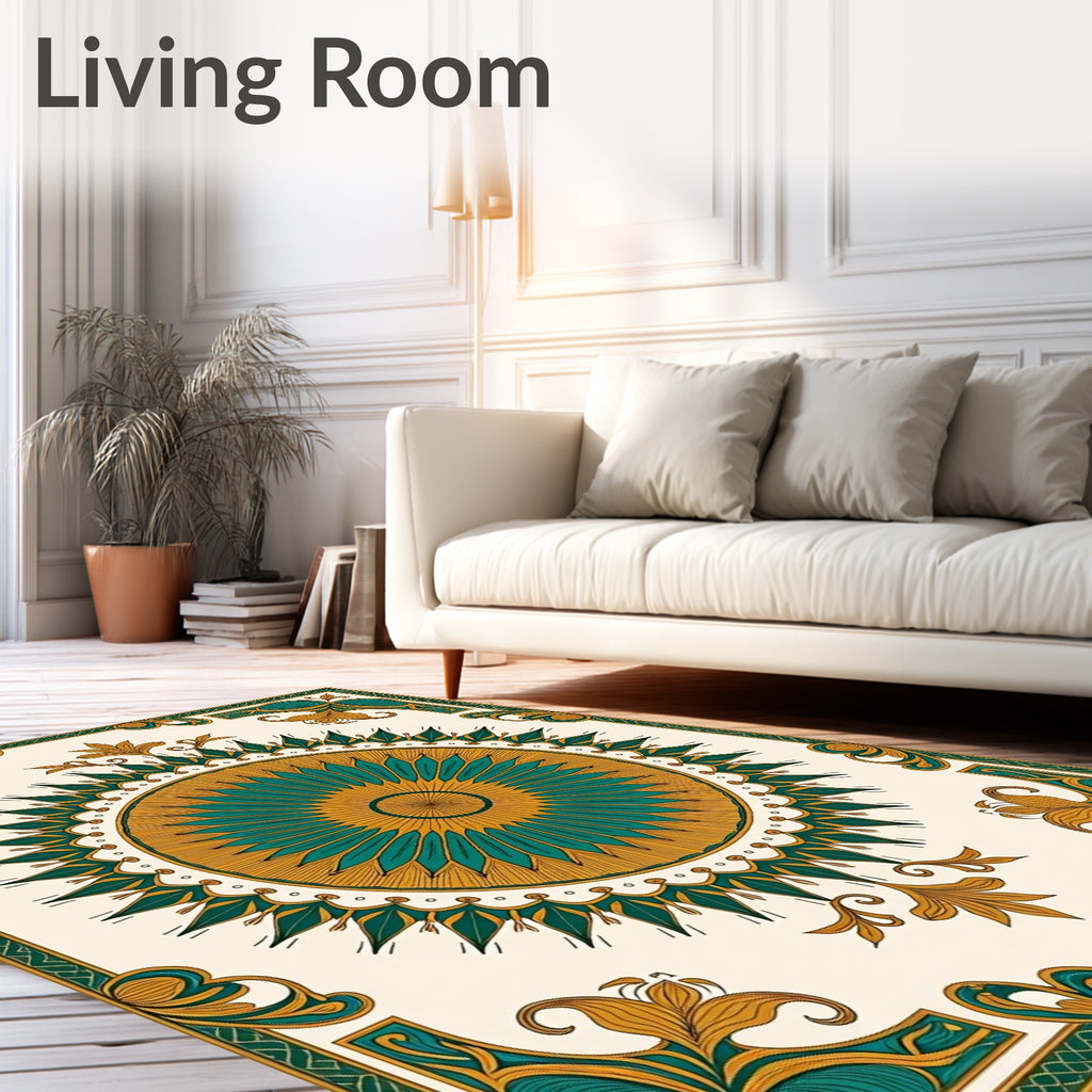 Elegant Teal Gold Mandala Design Rug