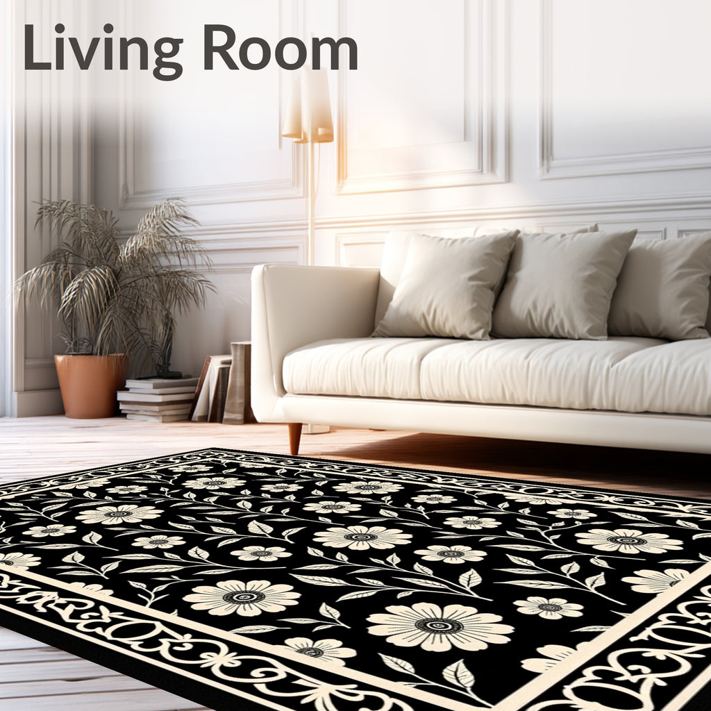 Black Cream Floral Vine Border Rug