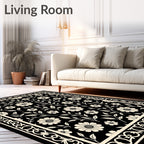Black Cream Floral Vine Border Rug
